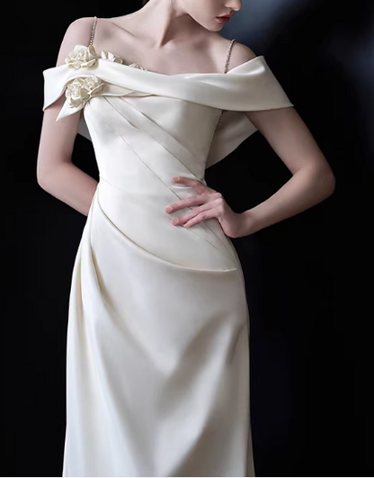 Elegant Ivory Satin Off-the-Shoulder Mermaid Floral Applique Wedding Dress TP5659