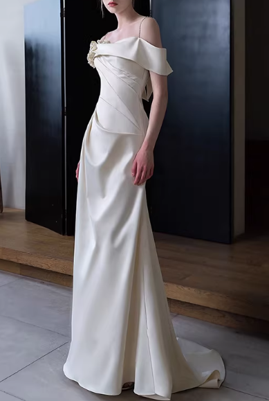 Elegant Ivory Satin Off-the-Shoulder Mermaid Floral Applique Wedding Dress TP5659