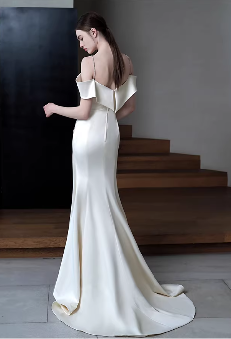 Elegant Ivory Satin Off-the-Shoulder Mermaid Floral Applique Wedding Dress TP5659