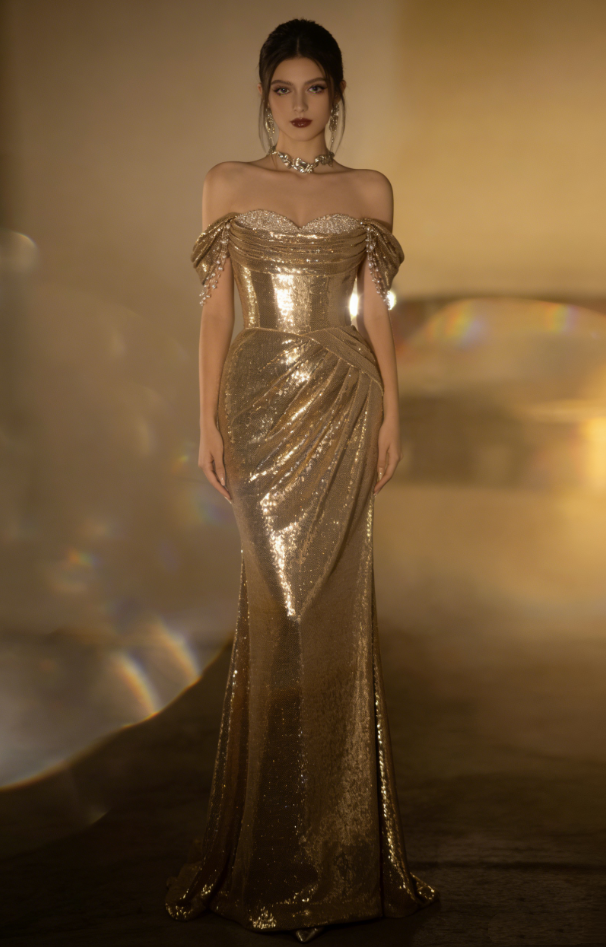 Elegant Gold Sequin Evening Gown Off-the-Shoulder Mermaid Prom Dress TP5663