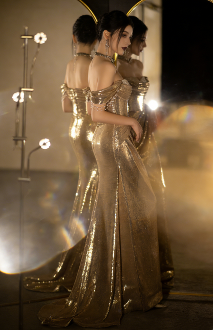 Elegant Gold Sequin Evening Gown Off-the-Shoulder Mermaid Prom Dress TP5663