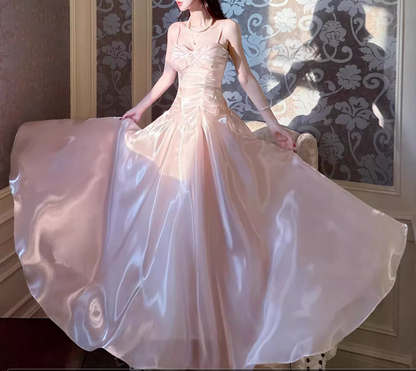 Vintage Pink Satin Spaghetti Strap Sweetheart A-Line Prom Dress TP5668