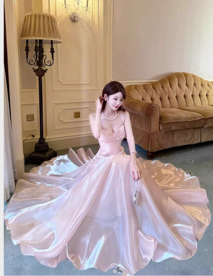 Vintage Pink Satin Spaghetti Strap Sweetheart A-Line Prom Dress TP5668