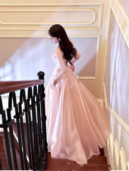 Vintage Pink Satin Spaghetti Strap Sweetheart A-Line Prom Dress TP5668