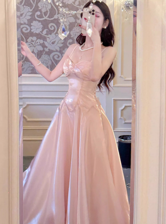 Vintage Pink Satin Spaghetti Strap Sweetheart A-Line Prom Dress TP5668