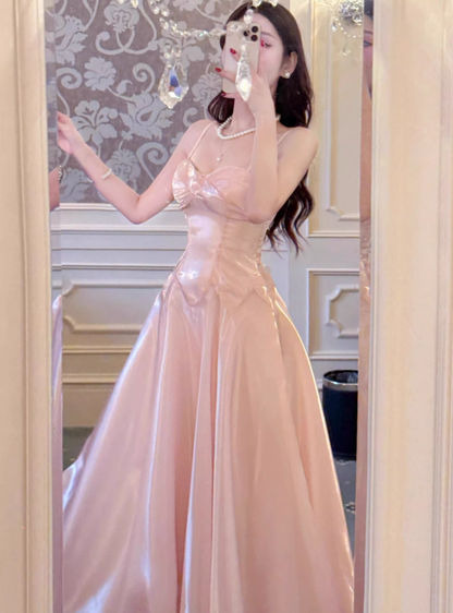 Vintage Pink Satin Spaghetti Strap Sweetheart A-Line Prom Dress TP5668