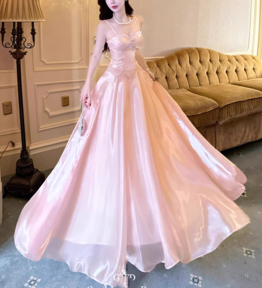 Vintage Pink Satin Spaghetti Strap Sweetheart A-Line Prom Dress TP5668