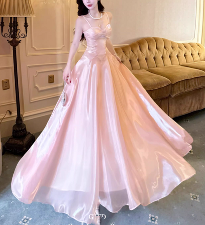 Vintage Pink Satin Spaghetti Strap Sweetheart A-Line Prom Dress TP5668
