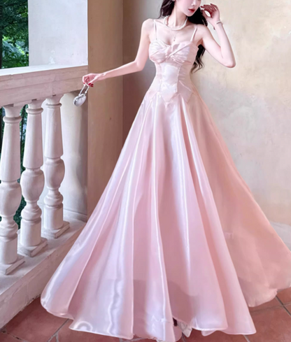 Vintage Pink Satin Spaghetti Strap Sweetheart A-Line Prom Dress TP5668