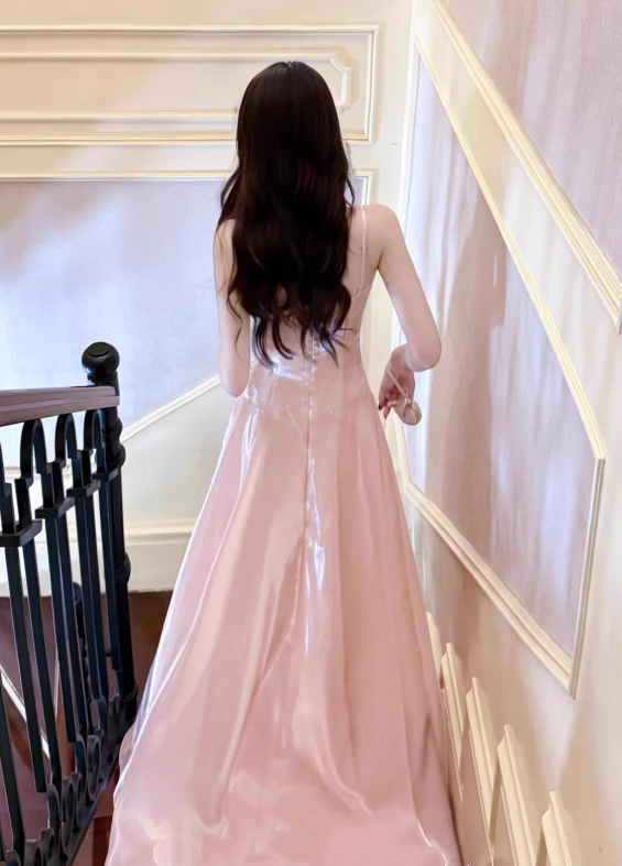 Vintage Pink Satin Spaghetti Strap Sweetheart A-Line Prom Dress TP5668