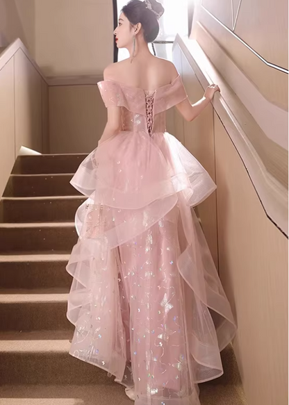 Romantic Pink Off-the-Shoulder Iridescent Butterfly Sweet 15 Quinceanera Ball Gown TP5669