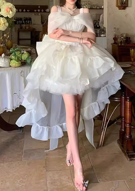 Vintage Ivory Off-the-Shoulder High-Low Tulle Homecoming Dress Party Dress TP5670