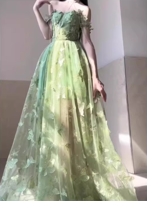 Romantic Green Off-the-shoulder Tulle 3D Butterfly Appliques Sweet 15 Quinceanera Ball Gown TP5672
