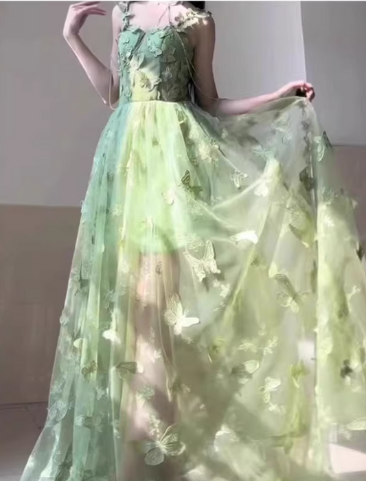 Romantic Green Off-the-shoulder Tulle 3D Butterfly Appliques Sweet 15 Quinceanera Ball Gown TP5672