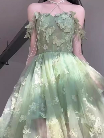 Romantic Green Off-the-shoulder Tulle 3D Butterfly Appliques Sweet 15 Quinceanera Ball Gown TP5672