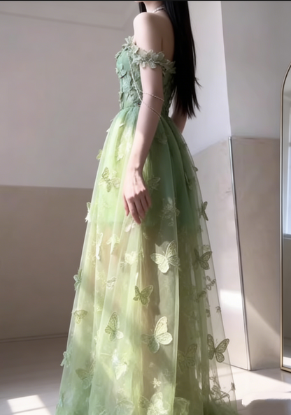 Romantic Green Off-the-shoulder Tulle 3D Butterfly Appliques Sweet 15 Quinceanera Ball Gown TP5672
