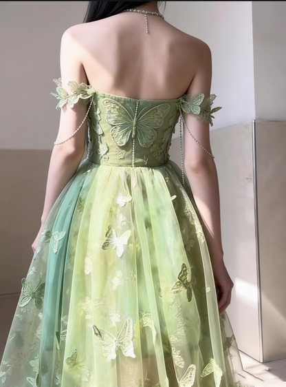 Romantic Green Off-the-shoulder Tulle 3D Butterfly Appliques Sweet 15 Quinceanera Ball Gown TP5672