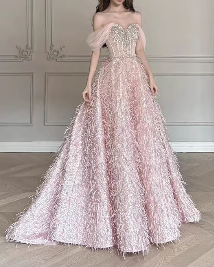 Romantic Pink Off-the-Shoulder Feathery Texture Sweet 15 Quinceanera Ball Gown TP5674