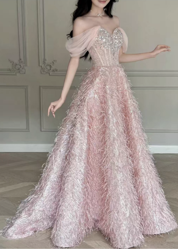 Romantic Pink Off-the-Shoulder Feathery Texture Sweet 15 Quinceanera Ball Gown TP5674