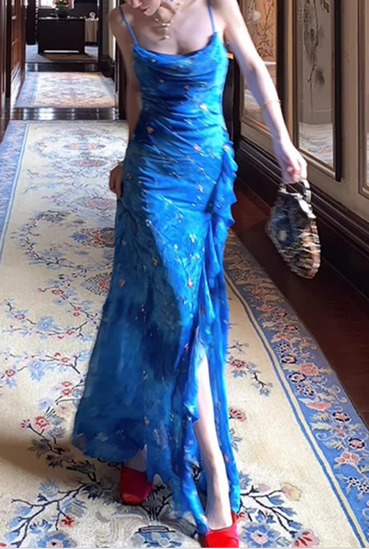 Glamorous Blue Floral Print Evening Gown Sheath High Slit Prom Dress TP5676