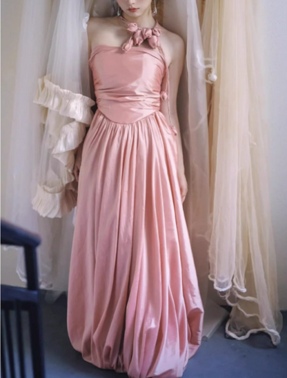 Romantic Pink Satin Halter Neck Evening Gown A-Line Prom Dress TP5680