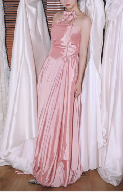 Romantic Pink Satin Halter Neck Evening Gown A-Line Prom Dress TP5680