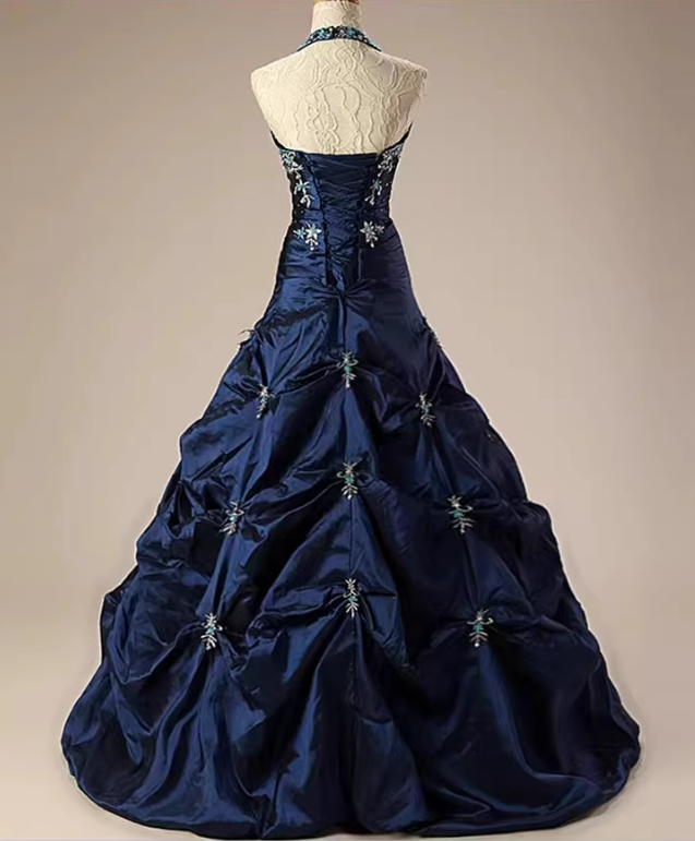 Chic Navy Blue Halter Neck Ruched Beaded  Embroidery Sweet 15 Quinceanera Ball Gown TP5681