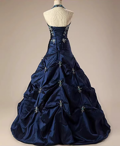 Chic Navy Blue Halter Neck Ruched Beaded  Embroidery Sweet 15 Quinceanera Ball Gown TP5681