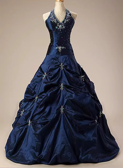 Chic Navy Blue Halter Neck Ruched Beaded  Embroidery Sweet 15 Quinceanera Ball Gown TP5681