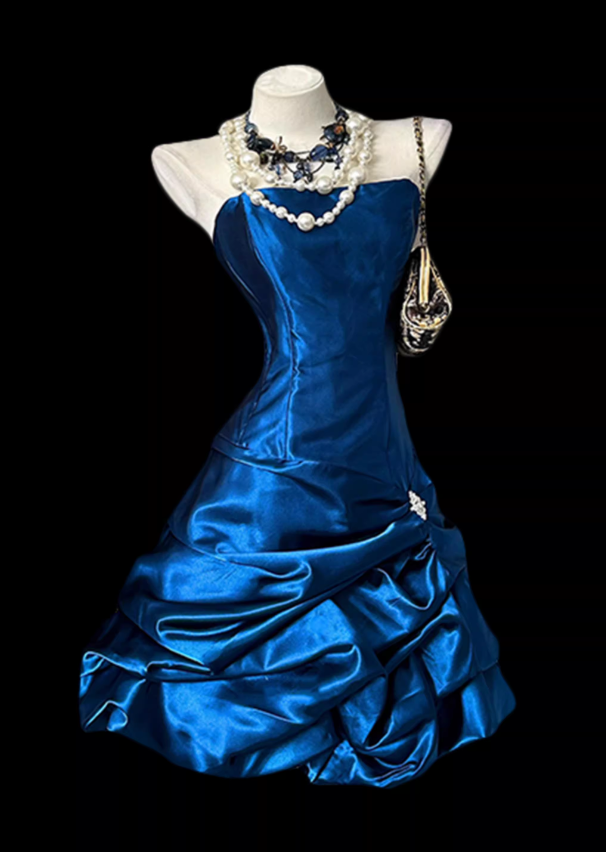 Vintage Royal Blue Strapless Satin Ruched Homecoming Dress Party Dress TP5682