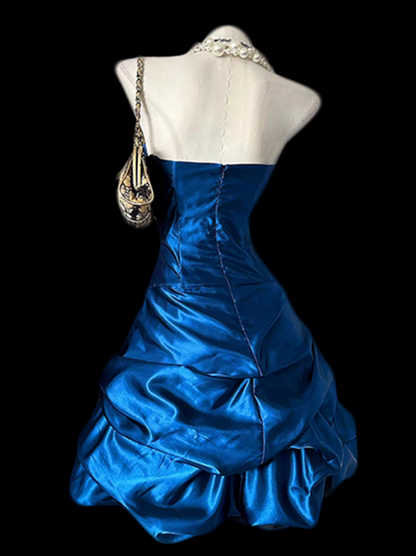 Vintage Royal Blue Strapless Satin Ruched Homecoming Dress Party Dress TP5682