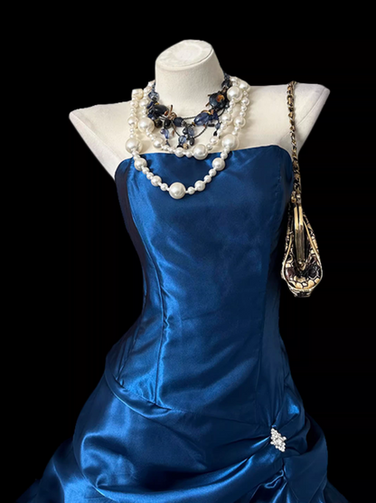 Vintage Royal Blue Strapless Satin Ruched Homecoming Dress Party Dress TP5682