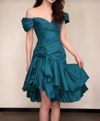 Vintage Teal 3D Floral Off-the-Shoulder Homecoming Dress Party Dress TP5683