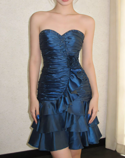 Vintage Royal Blue Beaded A-Line Satin Strapless Sweetheart Tiered Party Dresses Homecoming Dresses TP3806