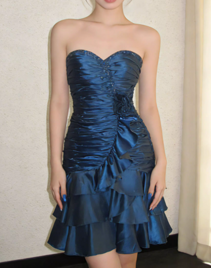 Vintage Royal Blue Beaded A-Line Satin Strapless Sweetheart Tiered Party Dresses Homecoming Dresses TP3806