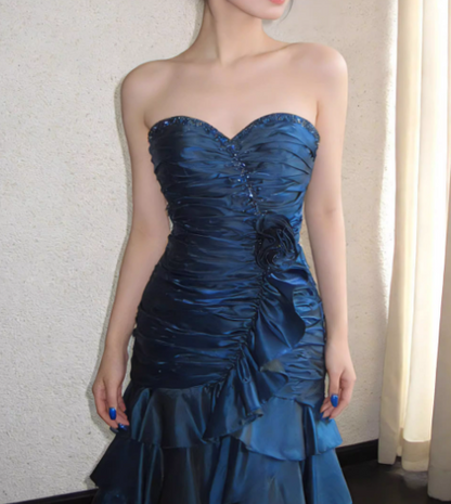 Vintage Royal Blue Beaded A-Line Satin Strapless Sweetheart Tiered Party Dresses Homecoming Dresses TP3806