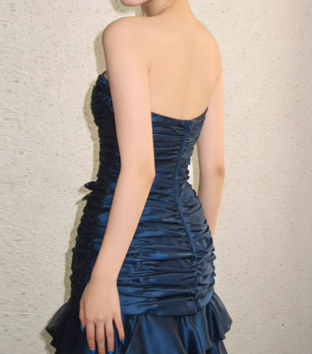 Vintage Royal Blue Beaded A-Line Satin Strapless Sweetheart Tiered Party Dresses Homecoming Dresses TP3806