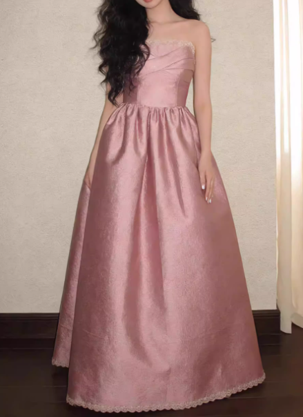 Romantic Pink Strapless Evening Gown Satin A-Line Prom Dress TP5685