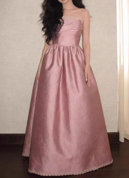 Romantic Pink Strapless Evening Gown Satin A-Line Prom Dress TP5685