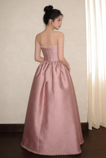 Romantic Pink Strapless Evening Gown Satin A-Line Prom Dress TP5685