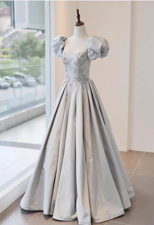 Romantic Silver Gray Square Neck Satin Beaded Bodice Sweet 15 Quinceanera Ball Gown TP5671