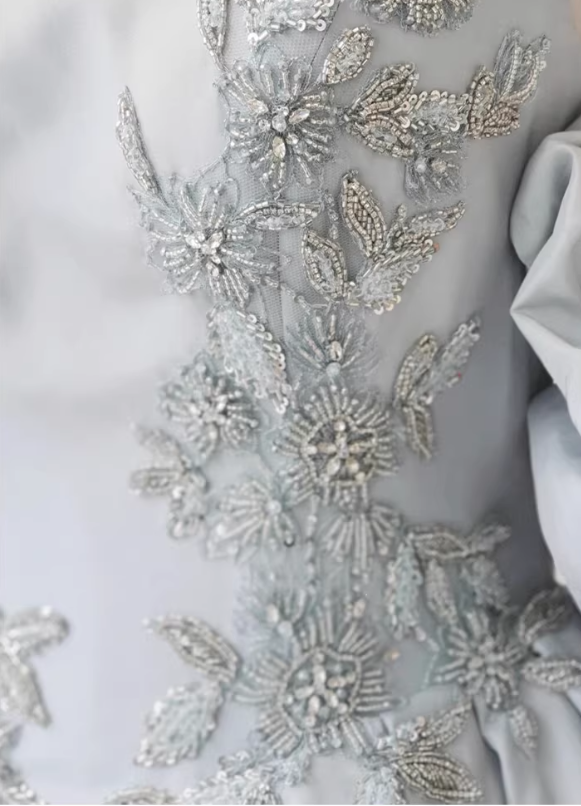 Romantic Silver Gray Square Neck Satin Beaded Bodice Sweet 15 Quinceanera Ball Gown TP5671