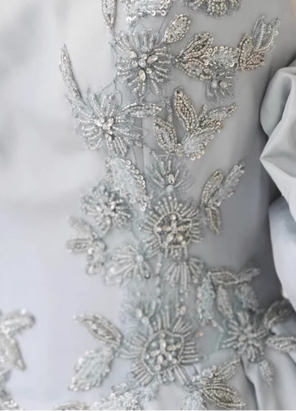 Romantic Silver Gray Square Neck Satin Beaded Bodice Sweet 15 Quinceanera Ball Gown TP5671
