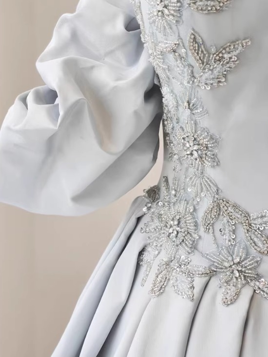 Romantic Silver Gray Square Neck Satin Beaded Bodice Sweet 15 Quinceanera Ball Gown TP5671