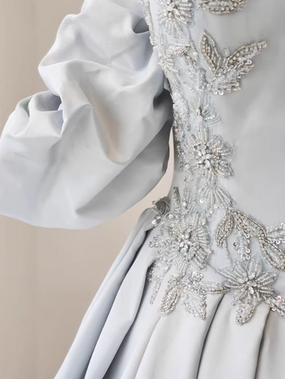 Romantic Silver Gray Square Neck Satin Beaded Bodice Sweet 15 Quinceanera Ball Gown TP5671