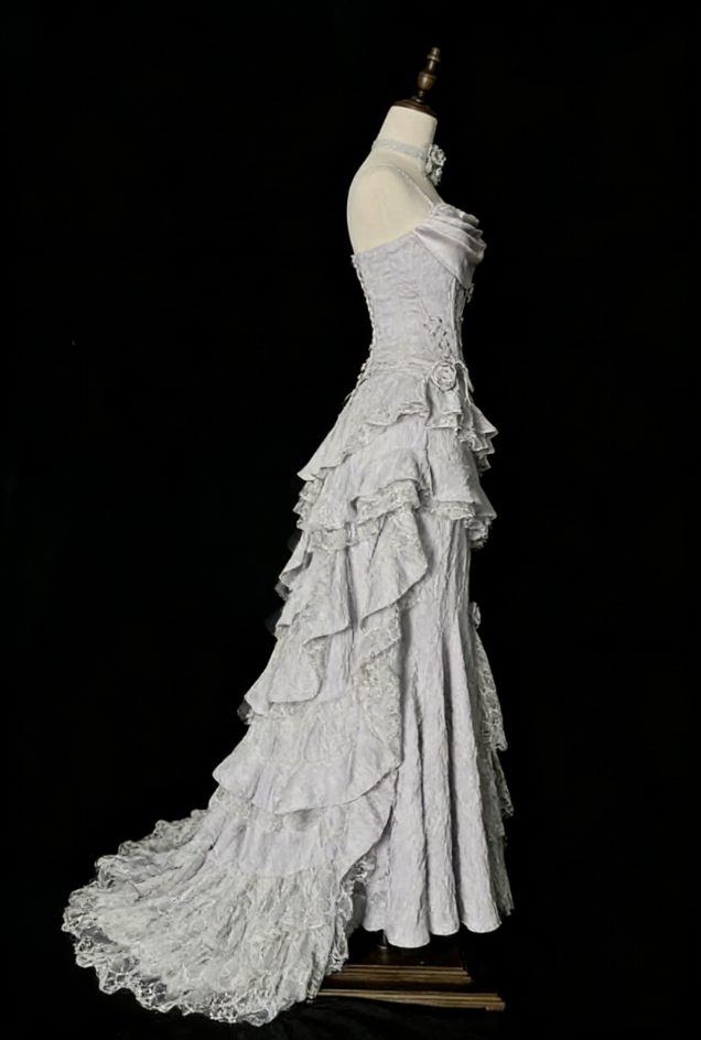 Vintage Silver Grey Mermaid Strap Sleeveless Lace Edge Ball Gown Evening Dress TP2032