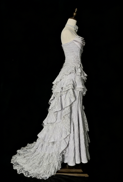 Vintage Silver Grey Mermaid Strap Sleeveless Lace Edge Ball Gown Evening Dress TP2032