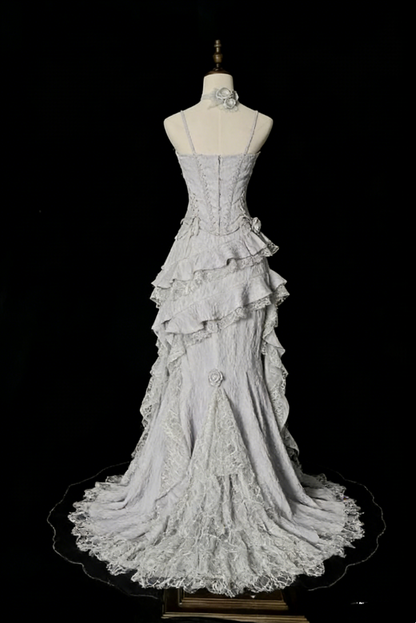 Vintage Silver Grey Mermaid Strap Sleeveless Lace Edge Ball Gown Evening Dress TP2032