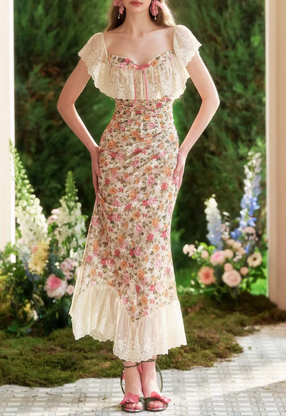 Enchanting Floral Chiffon Mermaid Gown Lace Ruffle Prom Dress TP5687