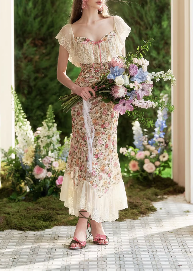 Enchanting Floral Chiffon Mermaid Gown Lace Ruffle Prom Dress TP5687